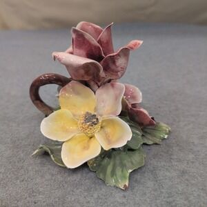Himark Italy Ceramic Floral Figurine Rose Candle Holder Hand Painted Vintage